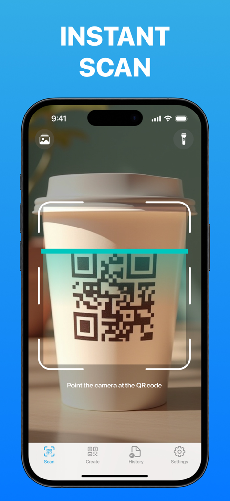 QR Code Scanner & Generator ++ - A smartphone using the QR Code Scanner app to scan a QR code on a coffee cup with an instant scan overlay