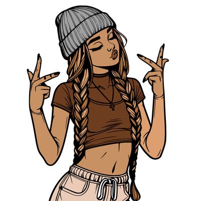 realistic teenage girl with braids and a beanie and crop top doing 🫶🏼