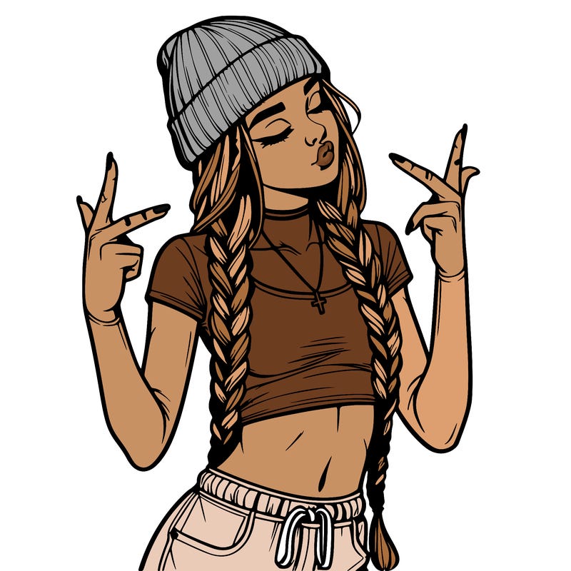 realistic teenage girl with braids and a beanie and crop top doing 🫶🏼