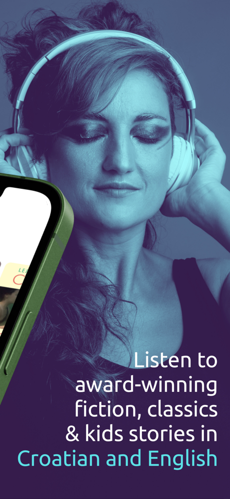 Woman listening to Croatian and English audiobooks with headphones