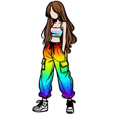 girl in baggy pants crop top and long hair