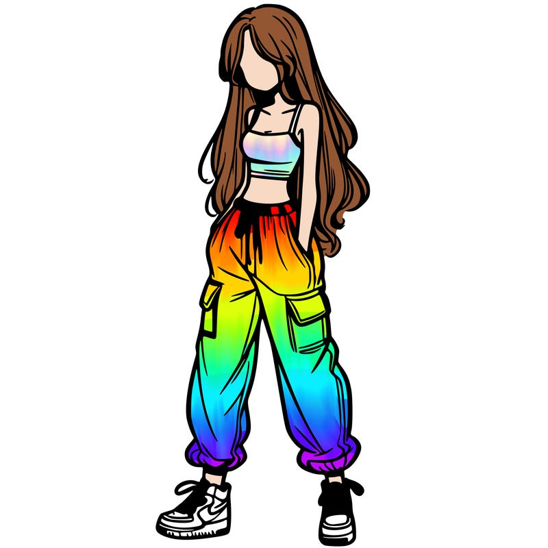 girl in baggy pants crop top and long hair