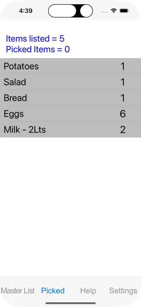 Picking List - Screenshot dell'app Picking List che mostra una lista di generi alimentari come patate, pane e latte con le loro quantità.