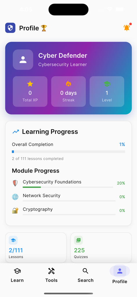 Der Benutzerprofilbildschirm der CyberLearn Pro App mit Lernfortschritt und Gamifizierungsstatistiken.