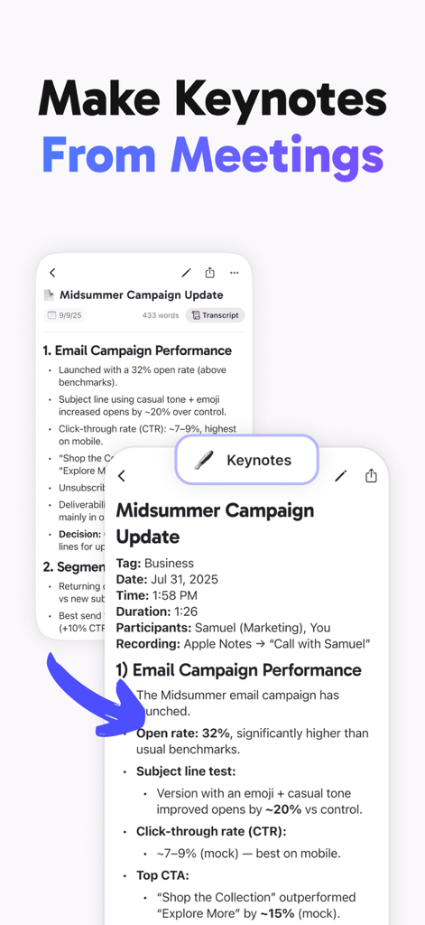 Smart AI Note Taker: CraftNote - CraftNote app interface showing AI generated meeting summaries and keynotes feature