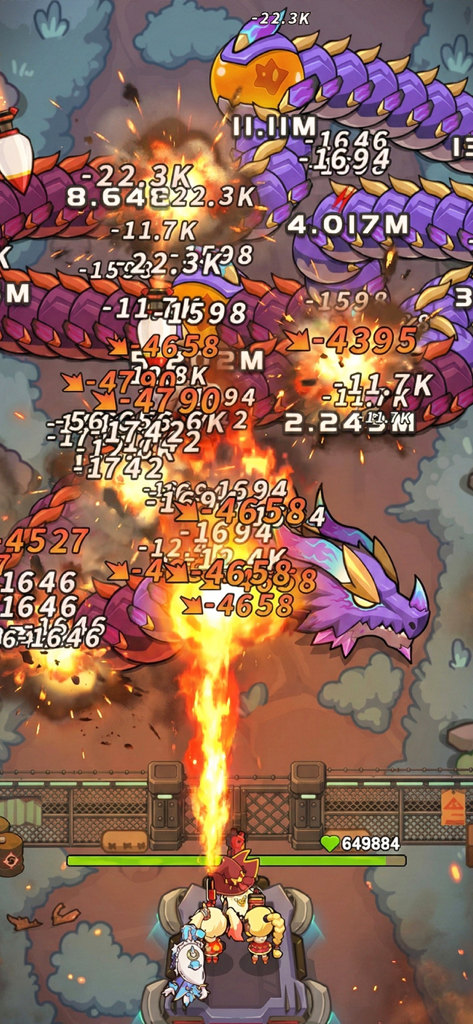 Dragon Fever TD - A hero squad defending against giant purple dragon monsters in a tactical tower defense battle with fire effects and damage numbers