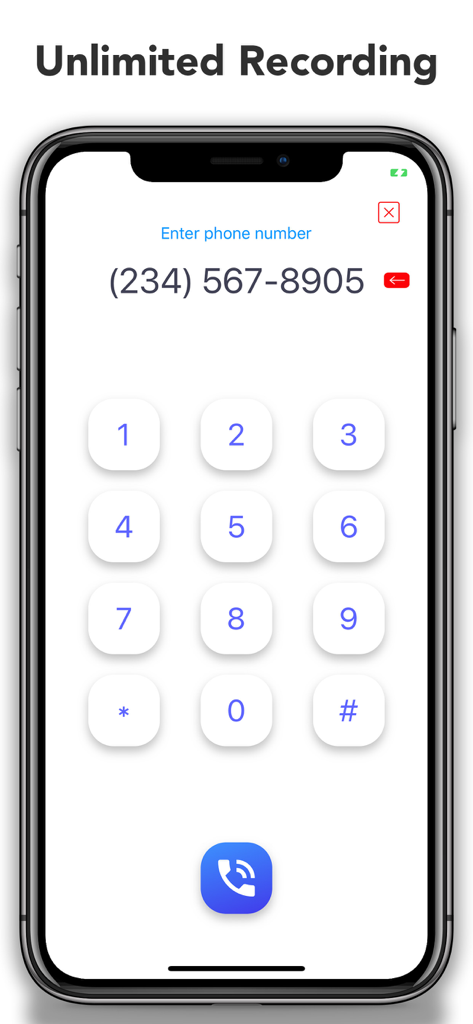 Écran d'iPhone montrant l'interface du numéroteur de l'application Enregistreur d'appels automatique avec l'en-tête Enregistrement illimité.