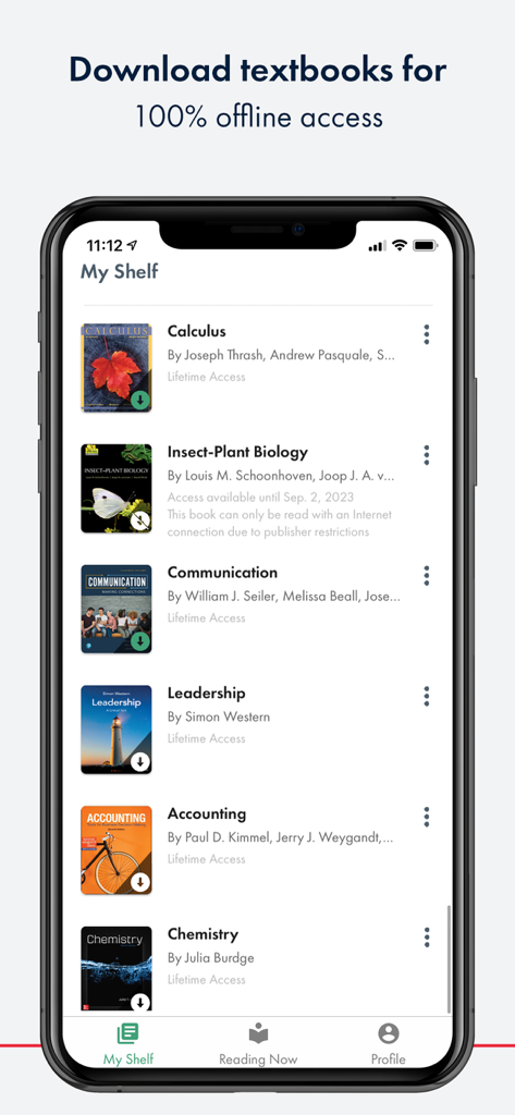RedShelf - RedShelf mobile app My Shelf screen displaying a list of digital textbooks with an offline download option.