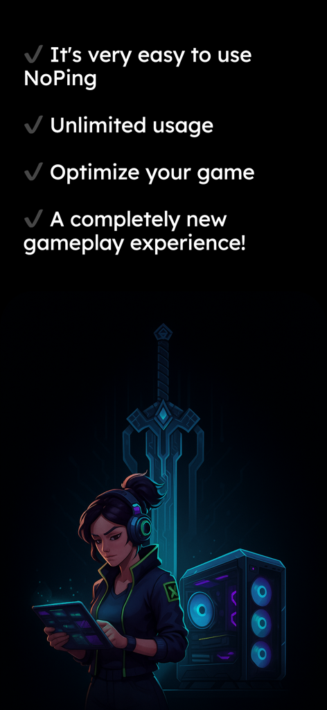 NoPing - Lista de características de la aplicación NoPing que incluyen optimización de juegos y uso ilimitado con una ilustración de un jugador competitivo