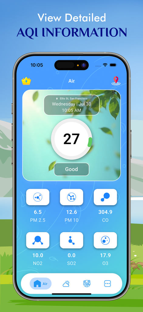 Pantalla detallada de la aplicación del Índice de Calidad del Aire que muestra un buen nivel de AQI para San Francisco y mediciones de contaminantes específicos como PM2.5 y Ozono.