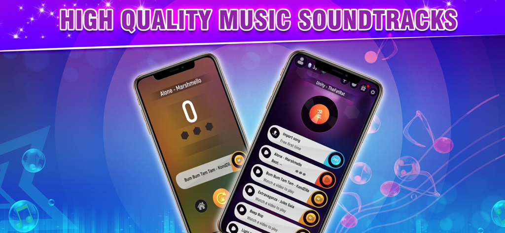 Two mobile phones displaying high quality EDM and hip hop song selections in Piano Dance music tiles game
