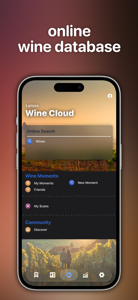 Wine Cellar Manager - iPhone screen displaying the Wine Cloud online search feature and wine moments in the Wine Cellar Manager app