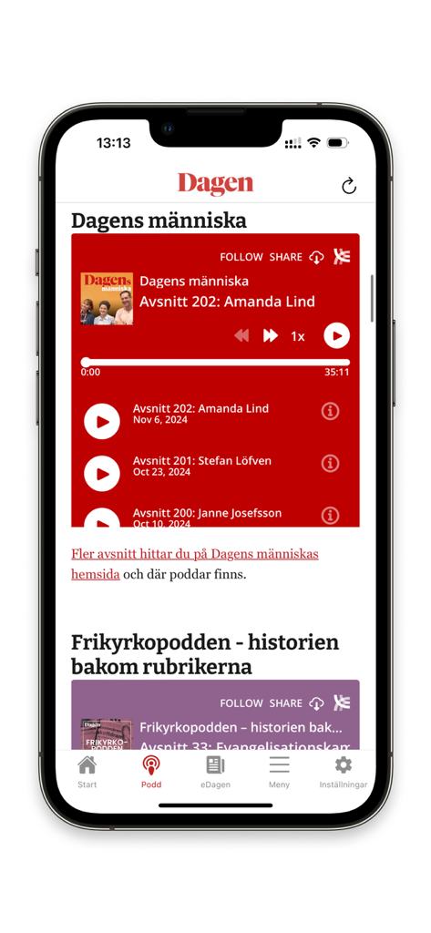 Dagen.se - Dagen app interface showing a list of Swedish Christian podcasts