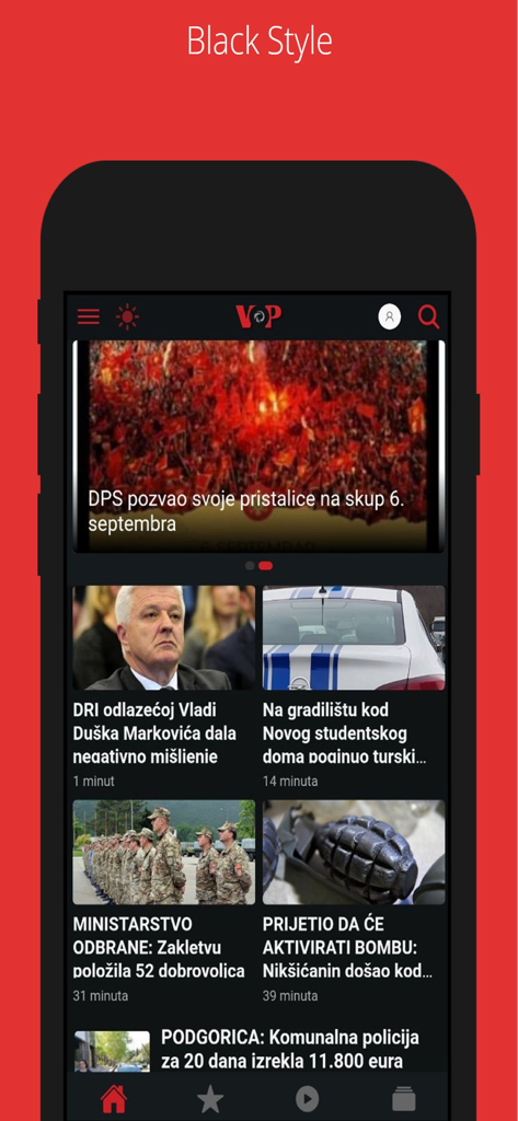 VOP news app interface in dark mode featuring local Montenegrin news articles
