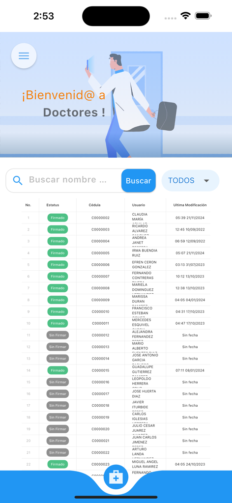 Panel que muestra una lista de médicos y el estado de su firma de consentimiento informado.