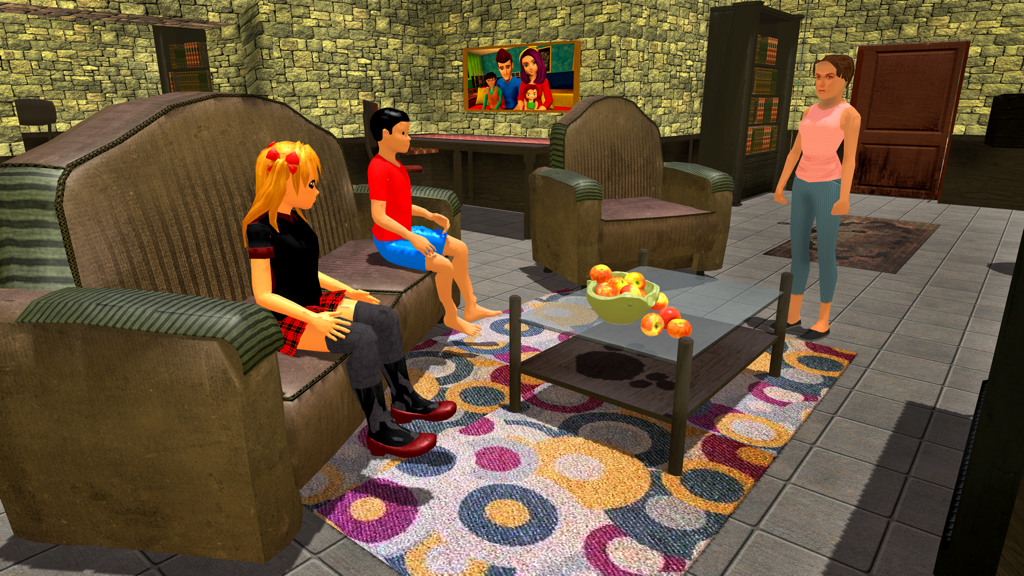Virtual Mother Dream House Sim - A virtual mother stands in a living room while two children sit on a sofa in a home simulation game.