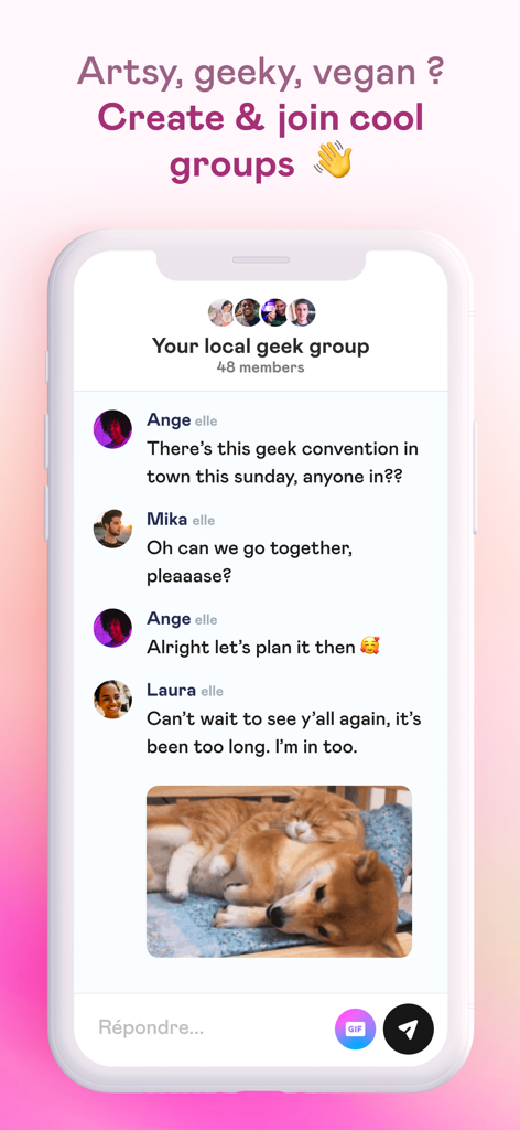 Interface de l'application Vibes montrant un chat de groupe pour les amateurs de geek locaux au sein de la communauté LGBTQ.