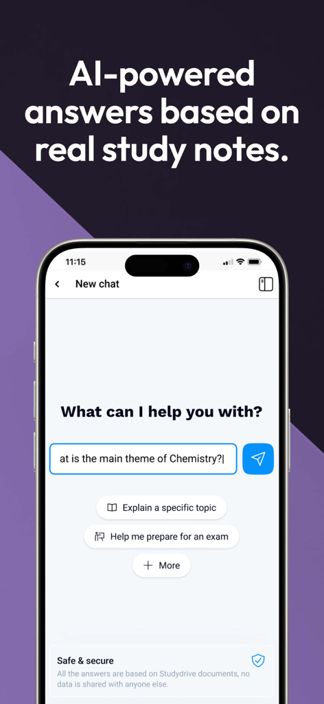 Oberfläche der Studydrive-App, die einen KI-Lernassistenten-Chat zeigt, in dem ein Benutzer eine Chemiefrage basierend auf Kommilitonen-Notizen stellt.