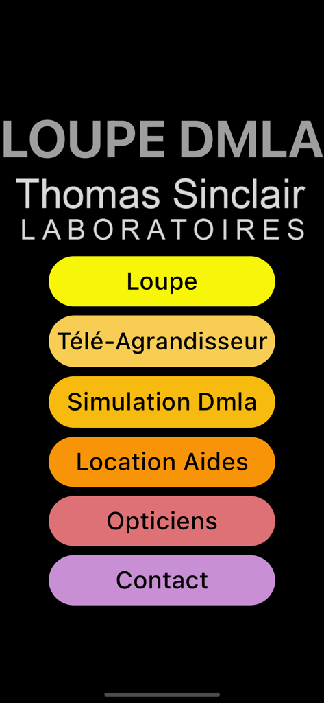 Loupe DMLA - Main menu of the Loupe DMLA app featuring large colorful buttons for magnifier and AMD vision tools