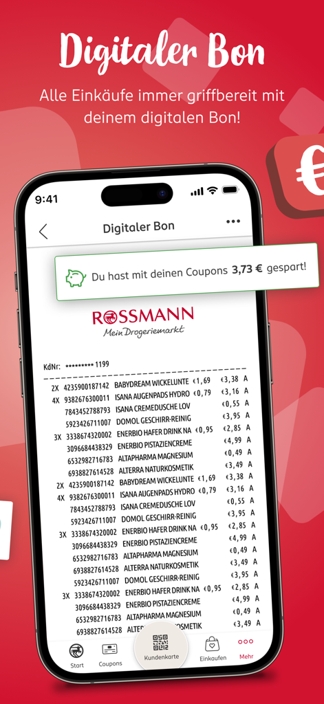Recibo digital da aplicação Rossmann mostrando a lista de itens e a poupança com cupões