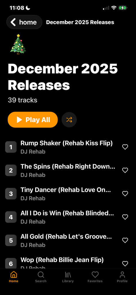 DJ Rehab Music - DJ Rehab Music app interface showing a list of thirty nine music tracks from December 2025.
