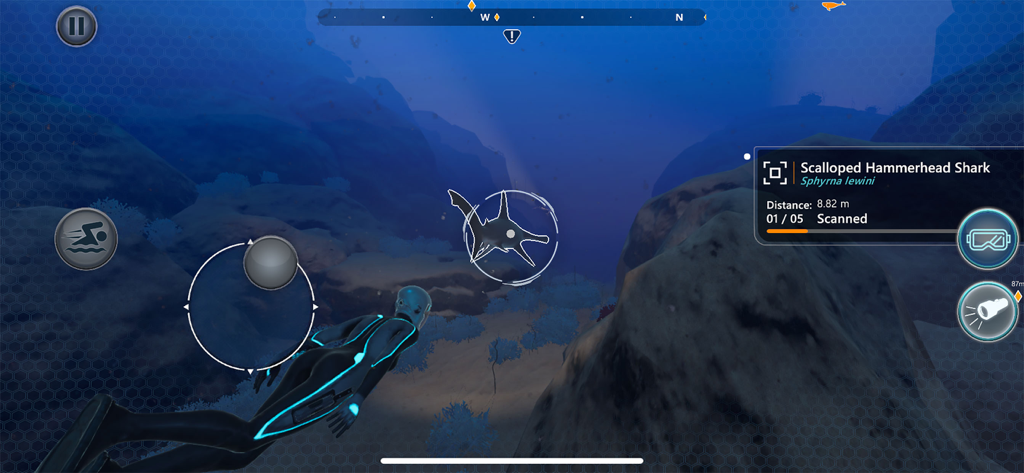 Beyond Blue - Um mergulhador a escanear um tubarão-martelo-recortado nas profundezas do mar de Beyond Blue.