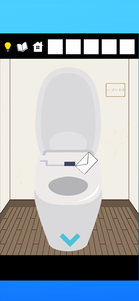 A minimalist puzzle scene in an escape game featuring a hidden envelope on a toilet lid.