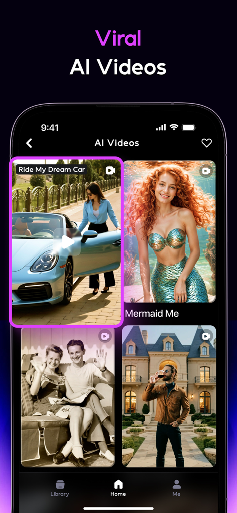 Interface do aplicativo AI Mirror mostrando modelos de vídeo com IA virais como Ride My Dream Car e Mermaid Me