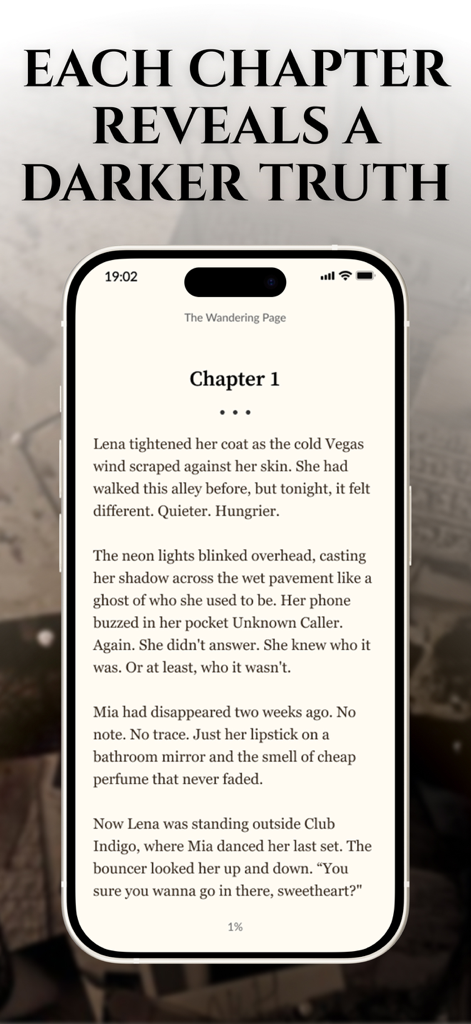 BookTok: Mystery Crime Novels - Un teléfono móvil que muestra el Capítulo 1 de una novela de misterio en la aplicación BookTok con el titular Cada capítulo revela una verdad más oscura.