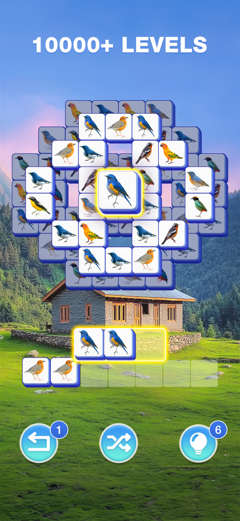 Tile Journey - Classic Puzzle - Jugabilidad de Tile Journey mostrando losetas de combinación de pájaros y más de 10000 niveles