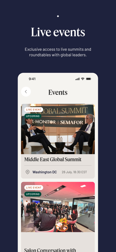 AL-Monitor - Al-Monitor app interface showcasing exclusive access to live summits and professional roundtables with global leaders