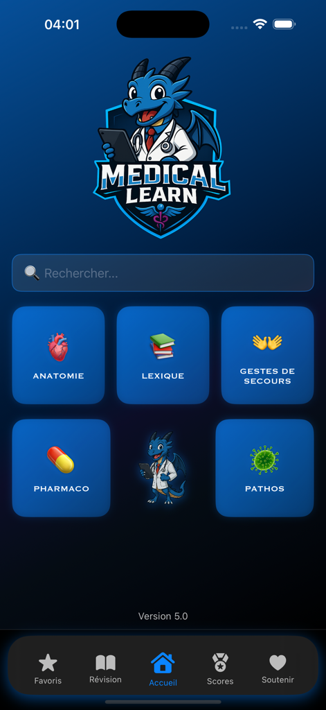 MedicalLearn - MedicalLearn app home screen showing study categories like anatomy pharmacology and first aid with a blue dragon mascot