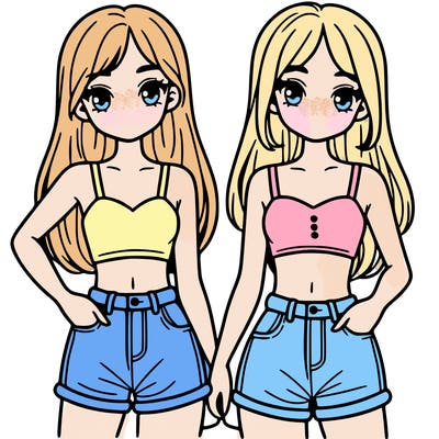 two sisters with crop tops and jean shorts and straight hair