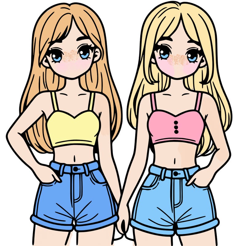 two sisters with crop tops and jean shorts and straight hair