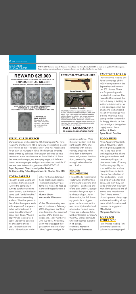 Guns & Ammo - Digital magazine page from the Guns and Ammo app showing reader letters and a serial killer investigation article.