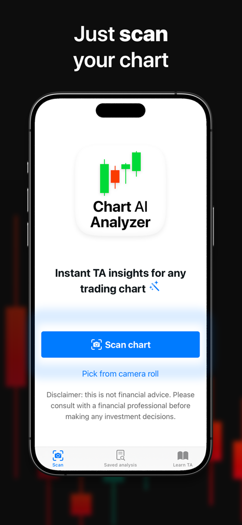 Chart AI - Trade Analyzer - A smartphone screen showing the scan chart interface of the Chart AI Trade Analyzer app