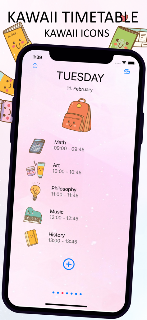 Kawaii Timetable - La aplicación Kawaii Timetable muestra un horario escolar estético de color rosa con íconos lindos para clases como matemáticas y música.
