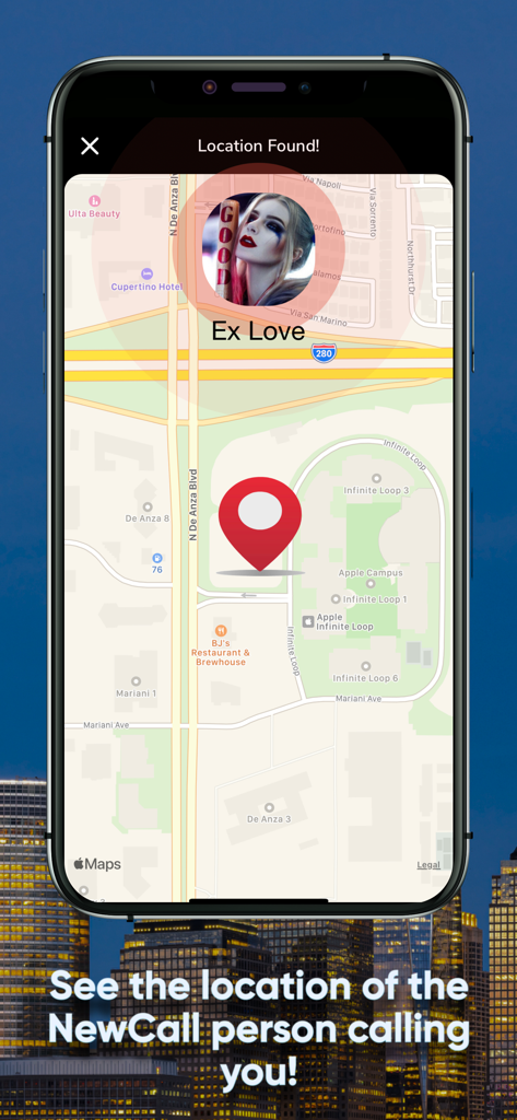 NewCall - Flash Call & SMS - A smartphone screen showing the NewCall app feature that displays a caller's real-time location on a map.