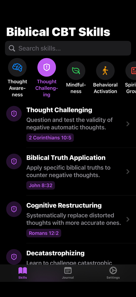 Faith Based CBT Tools - Interface do aplicativo Faith Based CBT Tools mostrando uma lista de habilidades bíblicas de saúde mental como questionamento de pensamentos e reestruturação cognitiva