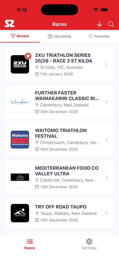 SportSplits - The SportSplits app interface showing a list of recent and upcoming triathlon and endurance races.