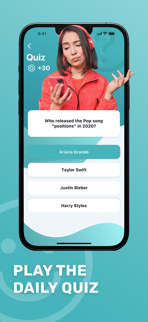 iPhone screen showing a daily music trivia quiz inside the Tuunes app.