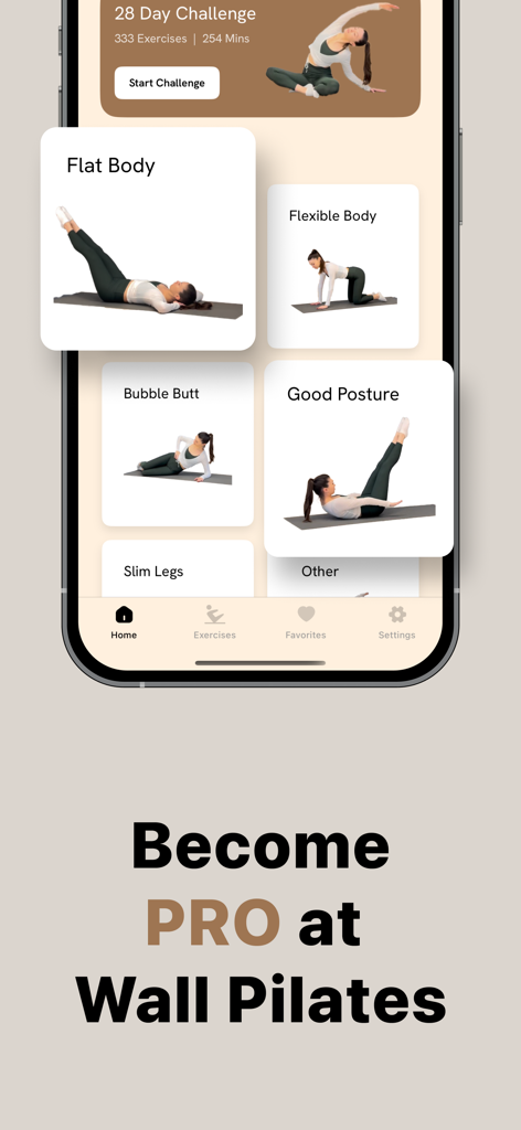 Wall Pilates Workout - Pilato - Pantalla de smartphone mostrando la aplicación Pilato con categorías de entrenamiento de pilates de pared y el reto de 28 días.