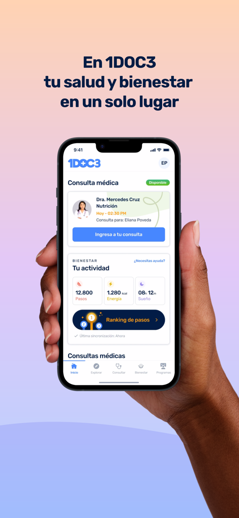1DOC3 - 1DOC3 mobile app dashboard showing a nutrition consultation booking and daily health tracking statistics for steps and sleep.