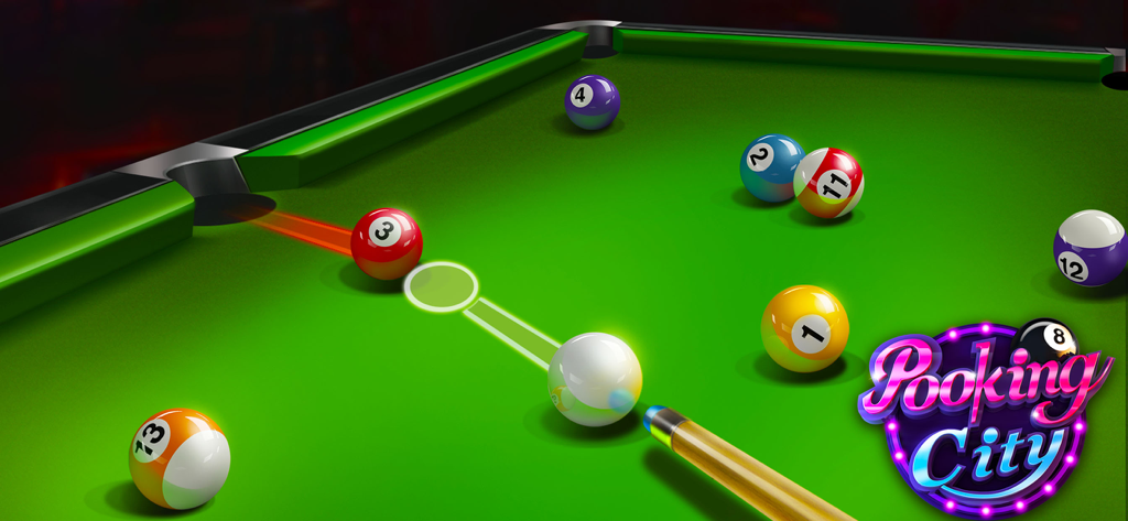 3D pool game gameplay showing a cue stick aiming at balls on a green billiards table.