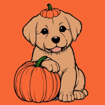 a realistic puppywith a pumpkin on his head