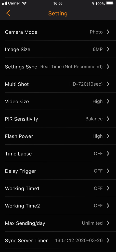 WingHomeCam: 4G Tra - Settings menu for WingHomeCam app showing trail camera configuration options