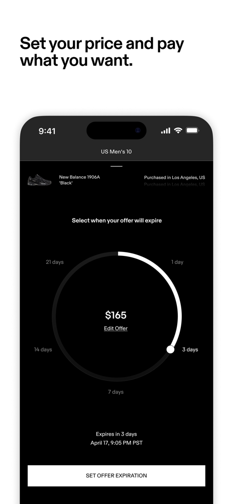 GOAT – Sneakers & Apparel - GOATアプリで、スニーカーのカスタム価格オファーと有効期限を設定するためのインターフェース