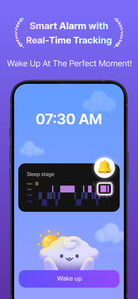 Sleep Routine: Tracker&Alarm - Sleep Routine App-Oberfläche mit Smart Wecker und Echtzeit-Schlafphasen-Tracking-Diagramm