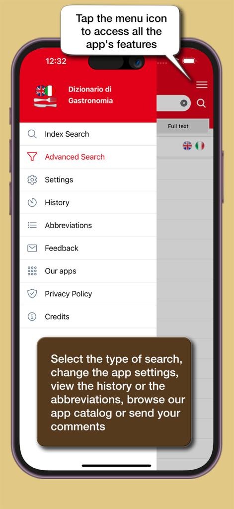 Dizionario di Gastronomia - Menú lateral de la aplicación Dizionario di Gastronomia con búsqueda y configuración