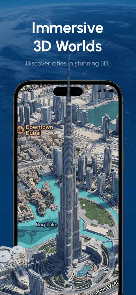 WorldScope: Live Earth Map - WorldScope app displaying an immersive 3D map of Dubai featuring Burj Khalifa